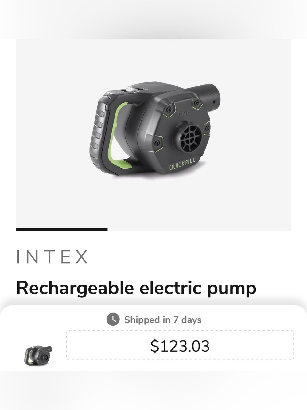 NWT Intex Quick-Fill Electric Rechargeable Pump - Black/Green